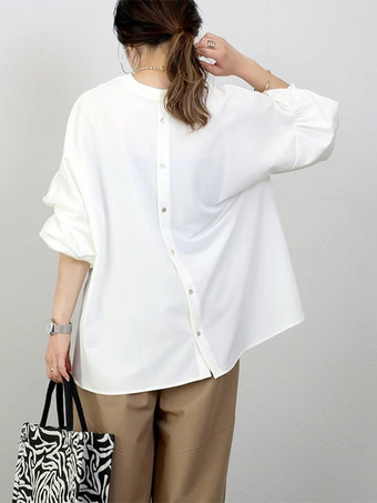 カジュアル ジュエルネック ランタンスリーブ ホワイト 長袖 スプリットフロント トップ シャツ ブラウス トップス レディース ファッション