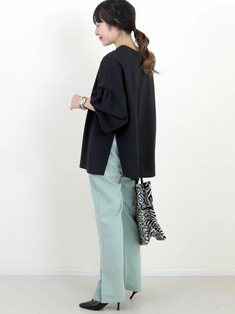 カジュアル ジュエルネック ランタンスリーブ ホワイト 長袖 スプリットフロント トップ シャツ ブラウス トップス レディース ファッション