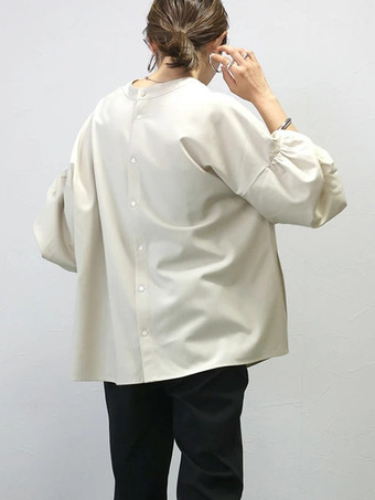 カジュアル ジュエルネック ランタンスリーブ ホワイト 長袖 スプリットフロント トップ シャツ ブラウス トップス レディース ファッション