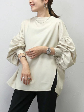 カジュアル ジュエルネック ランタンスリーブ ホワイト 長袖 スプリットフロント トップ シャツ ブラウス トップス レディース ファッション