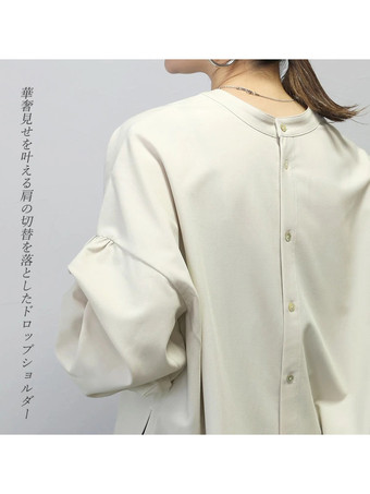 カジュアル ジュエルネック ランタンスリーブ ホワイト 長袖 スプリットフロント トップ シャツ ブラウス トップス レディース ファッション