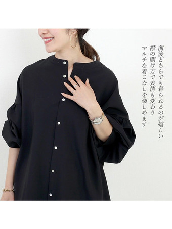 カジュアル ジュエルネック ランタンスリーブ ホワイト 長袖 スプリットフロント トップ シャツ ブラウス トップス レディース ファッション