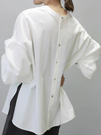 カジュアル ジュエルネック ランタンスリーブ ホワイト 長袖 スプリットフロント トップ シャツ ブラウス トップス レディース ファッション