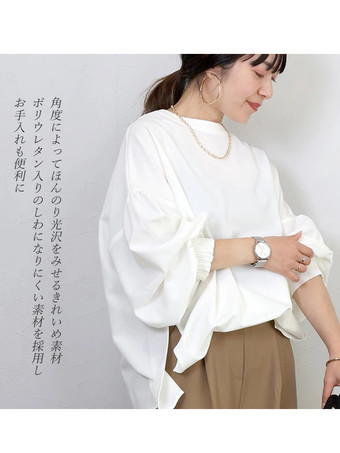 カジュアル ジュエルネック ランタンスリーブ ホワイト 長袖 スプリットフロント トップ シャツ ブラウス トップス レディース ファッション