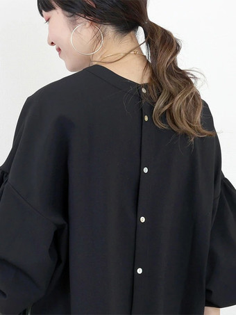 カジュアル ジュエルネック ランタンスリーブ ホワイト 長袖 スプリットフロント トップ シャツ ブラウス トップス レディース ファッション