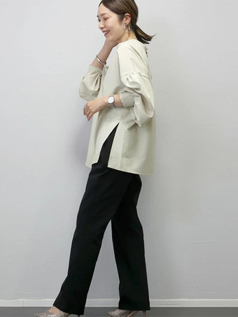 カジュアル ジュエルネック ランタンスリーブ ホワイト 長袖 スプリットフロント トップ シャツ ブラウス トップス レディース ファッション