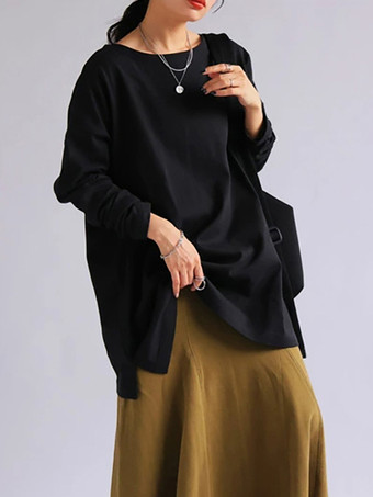 カジュアルジュエルネックホワイトロングスリーブスプリットフロントトップチュニックトップスレディースファッション