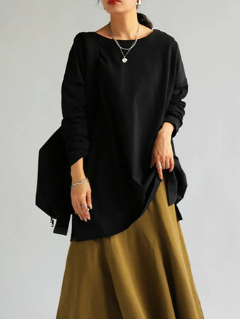 カジュアルジュエルネックホワイトロングスリーブスプリットフロントトップチュニックトップスレディースファッション