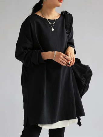 ブラック カジュアルジュエルネックホワイトロングスリーブスプリットフロントトップチュニックトップスレディースファッション