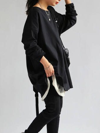 カジュアルジュエルネックホワイトロングスリーブスプリットフロントトップチュニックトップスレディースファッション