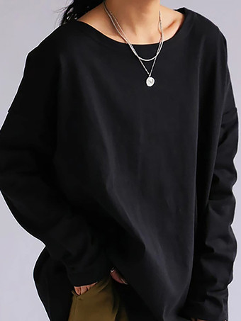 カジュアルジュエルネックホワイトロングスリーブスプリットフロントトップチュニックトップスレディースファッション