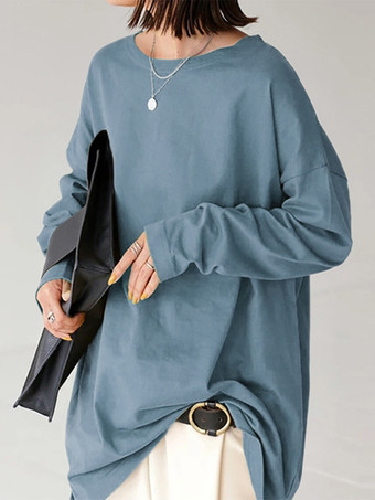 スレートグレー カジュアルジュエルネックホワイトロングスリーブスプリットフロントトップチュニックトップスレディースファッション