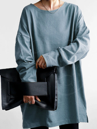 カジュアルジュエルネックホワイトロングスリーブスプリットフロントトップチュニックトップスレディースファッション