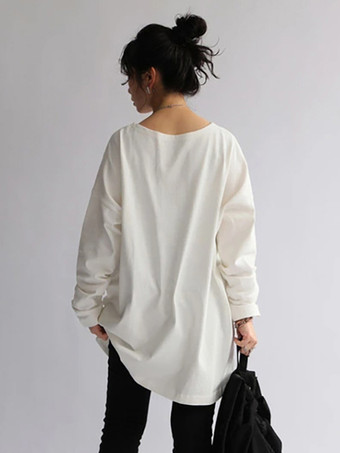 カジュアルジュエルネックホワイトロングスリーブスプリットフロントトップチュニックトップスレディースファッション