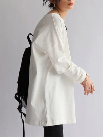 カジュアルジュエルネックホワイトロングスリーブスプリットフロントトップチュニックトップスレディースファッション