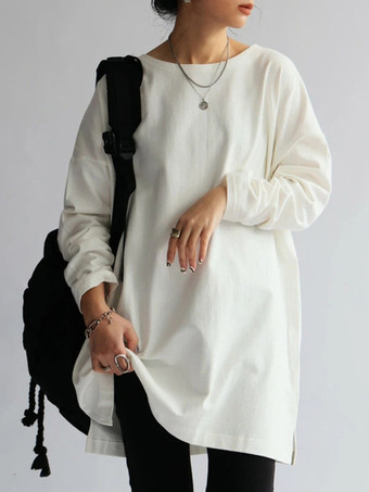 ホワイト カジュアルジュエルネックホワイトロングスリーブスプリットフロントトップチュニックトップスレディースファッション