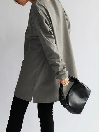 カジュアルジュエルネックホワイトロングスリーブスプリットフロントトップチュニックトップスレディースファッション