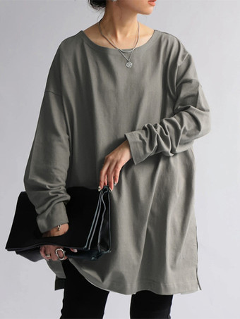 カジュアルジュエルネックホワイトロングスリーブスプリットフロントトップチュニックトップスレディースファッション