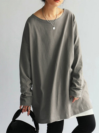 グレイカジュアルジュエルネックホワイトロングスリーブスプリットフロントトップチュニックトップスレディースファッション
