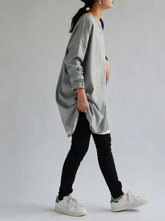 カジュアルジュエルネックホワイトロングスリーブスプリットフロントトップチュニックトップスレディースファッション