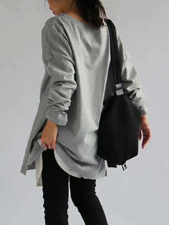 カジュアルジュエルネックホワイトロングスリーブスプリットフロントトップチュニックトップスレディースファッション