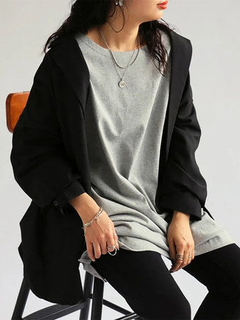 カジュアルジュエルネックホワイトロングスリーブスプリットフロントトップチュニックトップスレディースファッション