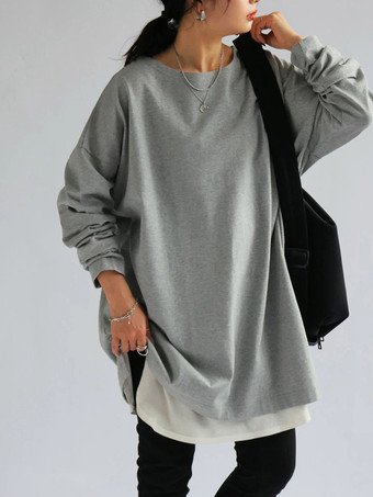 ライトグレーカジュアルジュエルネックホワイトロングスリーブスプリットフロントトップチュニックトップスレディースファッション