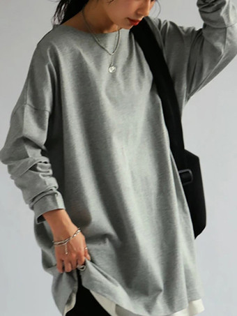 カジュアルジュエルネックホワイトロングスリーブスプリットフロントトップチュニックトップスレディースファッション