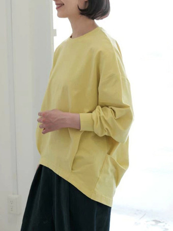 イエローカジュアル ジュエルネック ダークネイビー 長袖 ハイローデザイン プリーツTシャツ トップス レディース ファッション