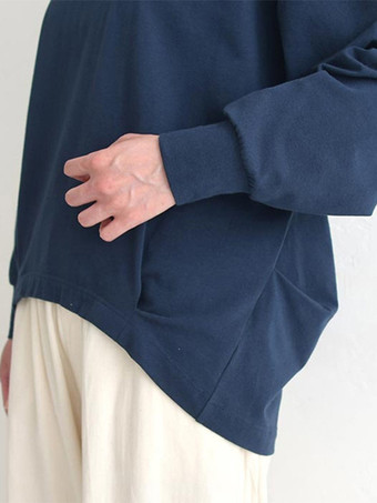 カジュアル ジュエルネック ダークネイビー 長袖 ハイローデザイン プリーツTシャツ トップス レディース ファッション