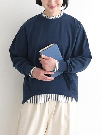 カジュアル ジュエルネック ダークネイビー 長袖 ハイローデザイン プリーツTシャツ トップス レディース ファッション