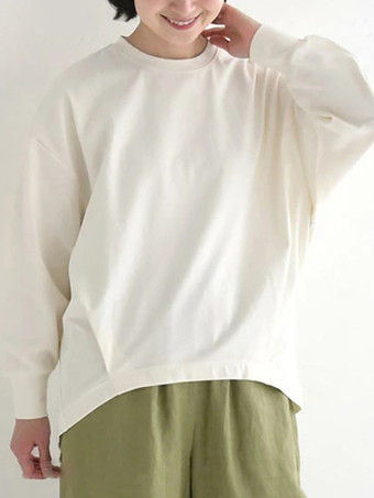 ホワイト カジュアル ジュエルネック ダークネイビー 長袖 ハイローデザイン プリーツTシャツ トップス レディース ファッション