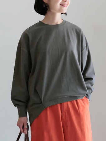 ダークグレー カジュアル ジュエルネック ダークネイビー 長袖 ハイローデザイン プリーツTシャツ トップス レディース ファッション