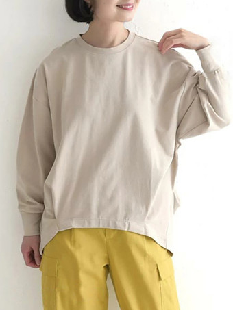 アプリコットカジュアル ジュエルネック ダークネイビー 長袖 ハイローデザイン プリーツTシャツ トップス レディース ファッション