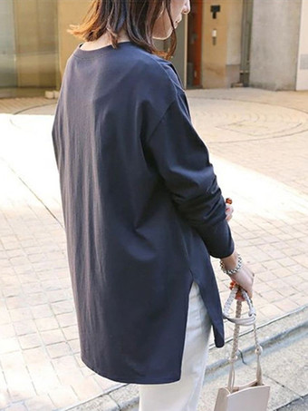 ブラック カジュアル ジュエルネック バットウィングスリーブ ホワイト ロングスリーブ スプリットフロント Tシャツ トップス レディース ファッション