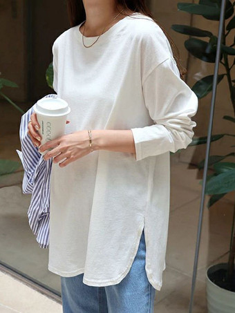 ホワイト カジュアル ジュエルネック バットウィングスリーブ ホワイト ロングスリーブ スプリットフロント Tシャツ トップス レディース ファッション