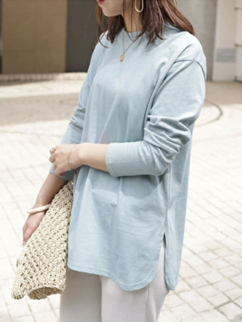 ライトスカイブルーカジュアル ジュエルネック バットウィングスリーブ ホワイト ロングスリーブ スプリットフロント Tシャツ トップス レディース ファッション