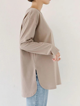 カーキ カジュアル ジュエルネック バットウィングスリーブ ホワイト ロングスリーブ スプリットフロント Tシャツ トップス レディース ファッション