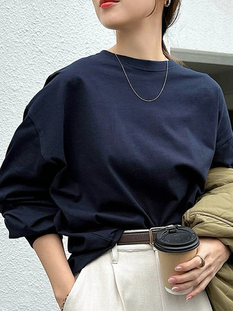 ダークネイビーカジュアル ジュエルネック ホワイト 長袖 Tシャツ トップス レディース ファッション