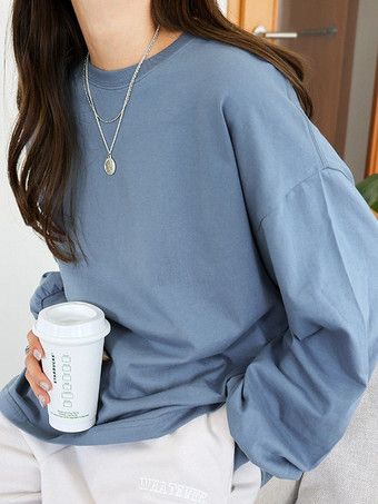 ライトスカイブルーカジュアル ジュエルネック ホワイト 長袖 Tシャツ トップス レディース ファッション