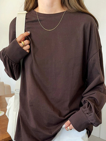 ブラウン カジュアル ジュエルネック ホワイト 長袖 Tシャツ トップス レディース ファッション