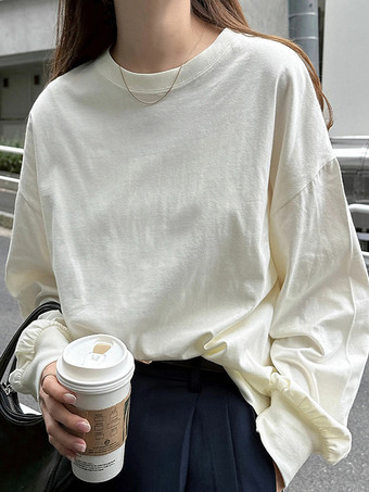 アプリコットカジュアル ジュエルネック ホワイト 長袖 Tシャツ トップス レディース ファッション