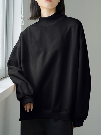 ブラック カジュアルハイカラーブラック長袖トップススウェットシャツ/パーカートップスレディースファッション