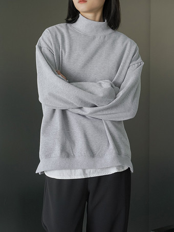 ライトグレー カジュアルハイカラーブラック長袖トップススウェットシャツ/パーカートップスレディースファッション