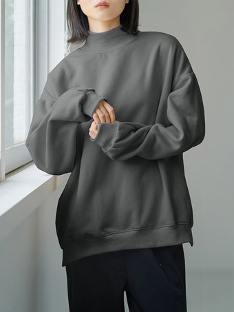 カジュアルハイカラーブラック長袖トップススウェットシャツ/パーカートップスレディースファッション