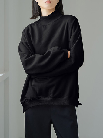 カジュアルハイカラーブラック長袖トップススウェットシャツ/パーカートップスレディースファッション