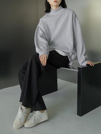 カジュアルハイカラーブラック長袖トップススウェットシャツ/パーカートップスレディースファッション