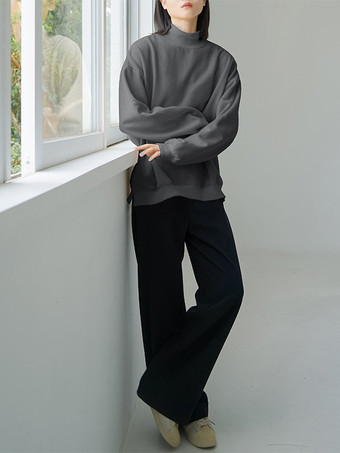 カジュアルハイカラーブラック長袖トップススウェットシャツ/パーカートップスレディースファッション