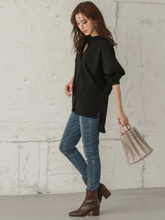 カジュアルスタンドカラーバットウィングスリーブイリュージョンブルーロングスリーブハイローデザインボタントップシャツとブラウストップスレディースファッション