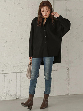 カジュアルスタンドカラーバットウィングスリーブイリュージョンブルーロングスリーブハイローデザインボタントップシャツとブラウストップスレディースファッション